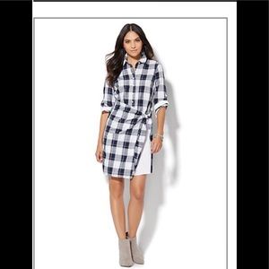 side-tie shirt dress black & white plaid print